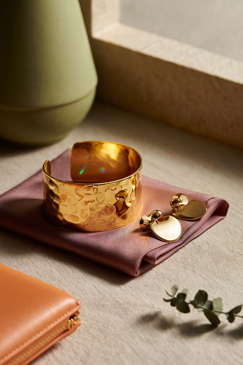 El yapımı altın bilezik ve moda aksesuarları keten üzerinde