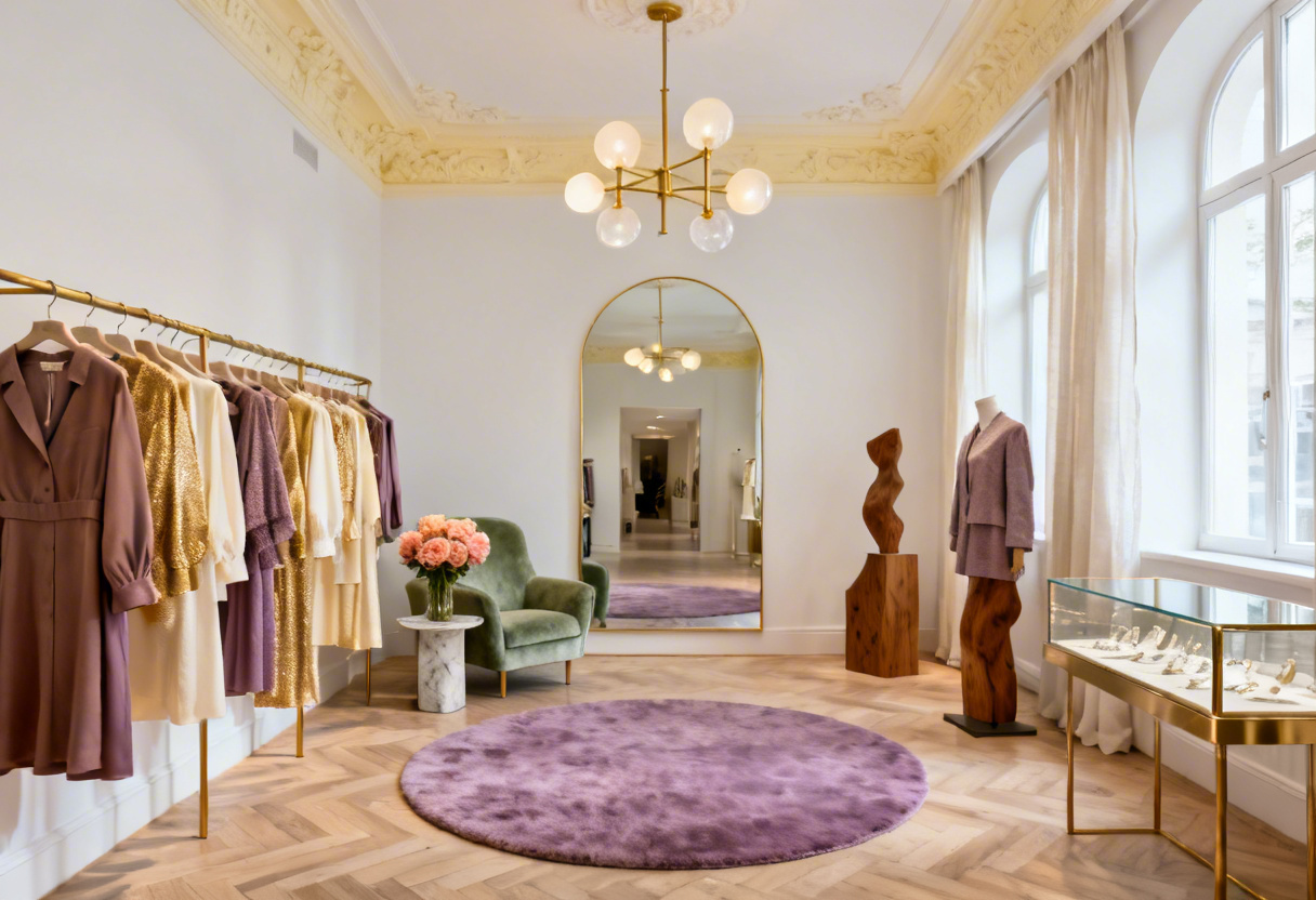 Sıcak aydınlatmalı zarif moda butiği iç mekan görünümü