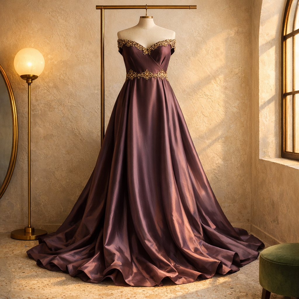 Pirinç askıda sergilenen derin mauve tonlarında ipek gece elbisesi