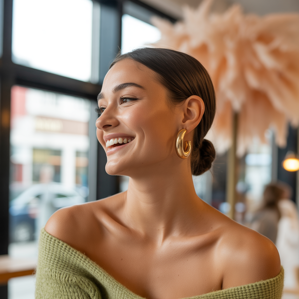 Yeşil triko ve altın küpeler takan genç kadın gülümsemesi