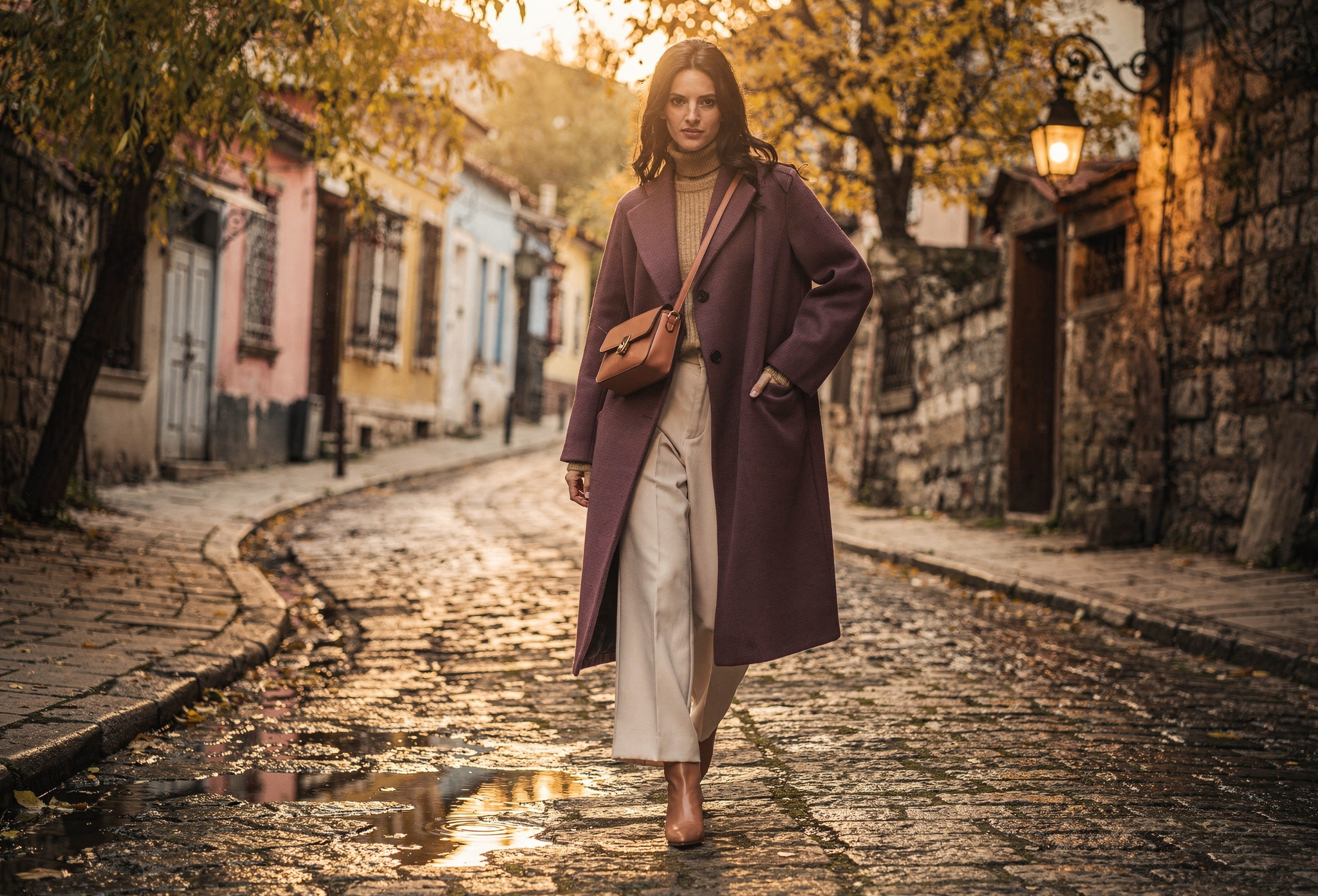 Sonbahar paltosu ile İstanbul sokaklarında yürüyen şık kadın